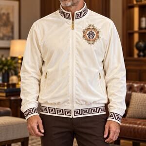 Prestige Original Mens XL Cream Velour Jacket Medusa Embroidered Greek Key